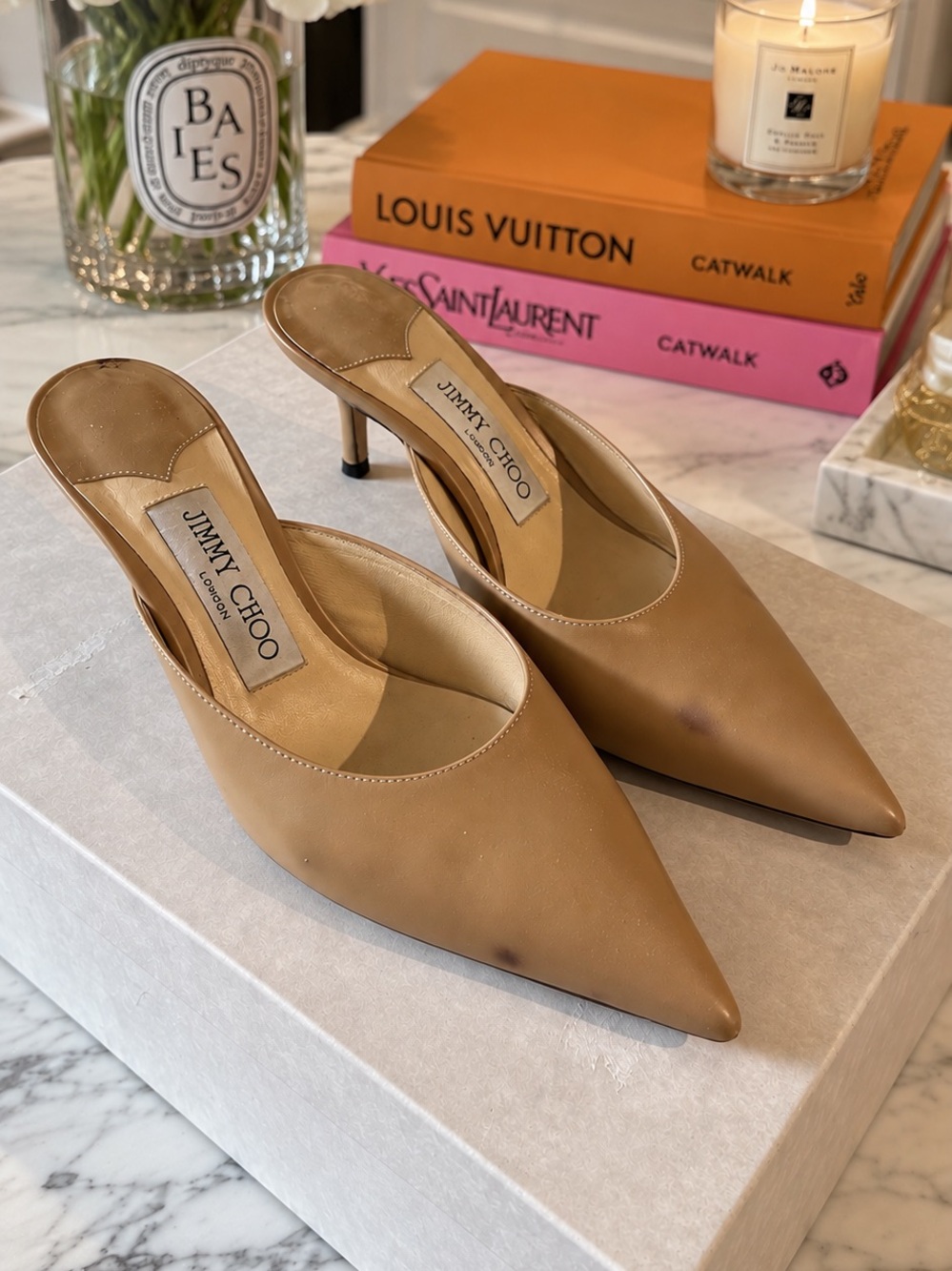 Jimmy Choo Tan Pointed Toe Leather Mules